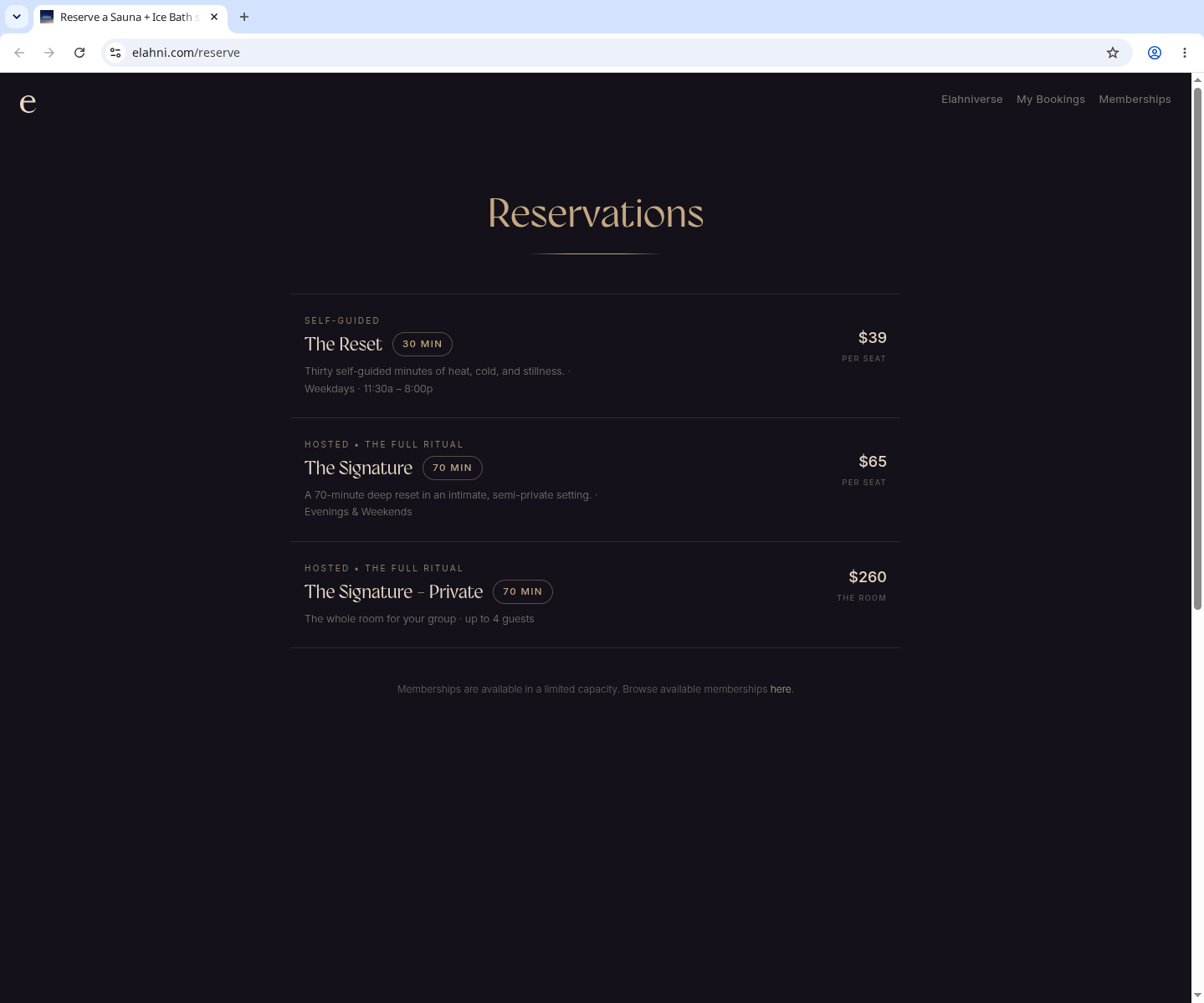 The Elahni reserve page at www.elahni.com/reserve, showing available sessions to select.