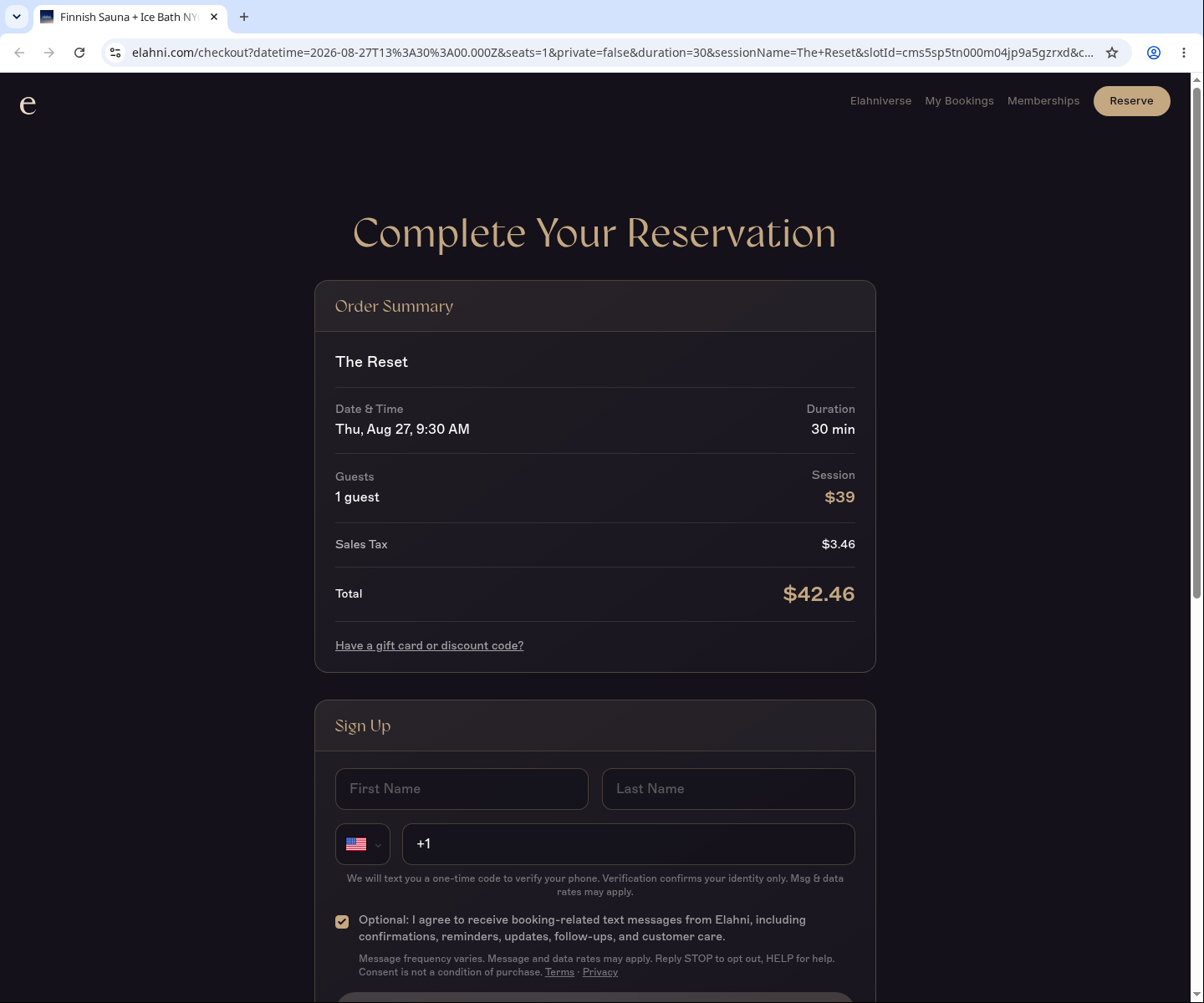 The same live Elahni checkout page with the optional SMS consent checkbox actively checked before phone verification.